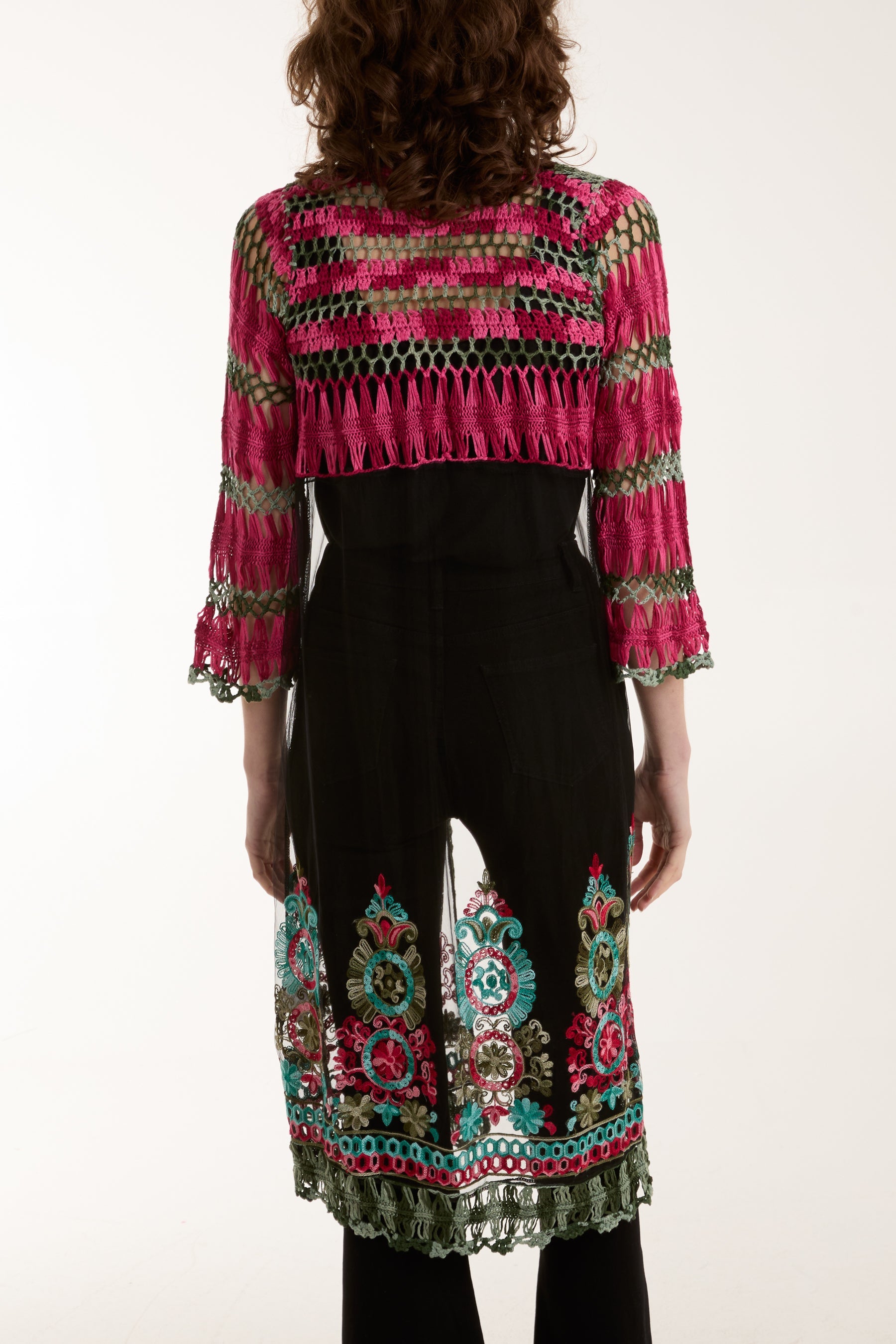 Longline Crochet Detail Mesh Kimono