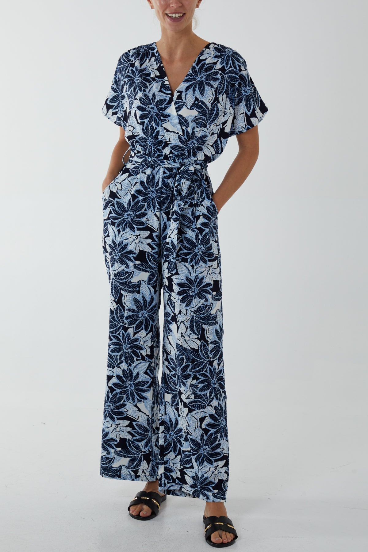 Crossover Short Sleeve Floral Jumpsuit