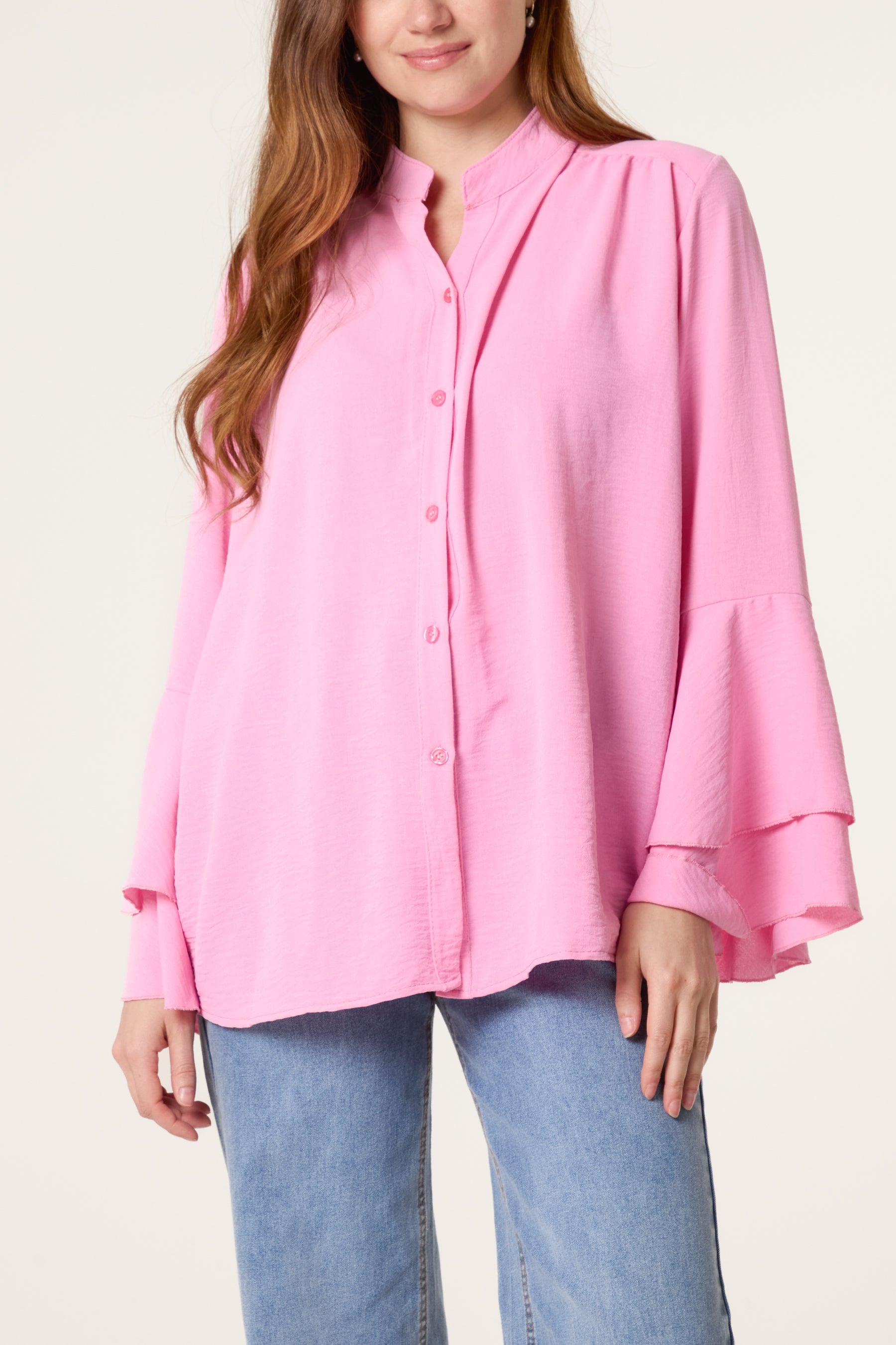 Pleated Sleeve Grandad Collar Blouse