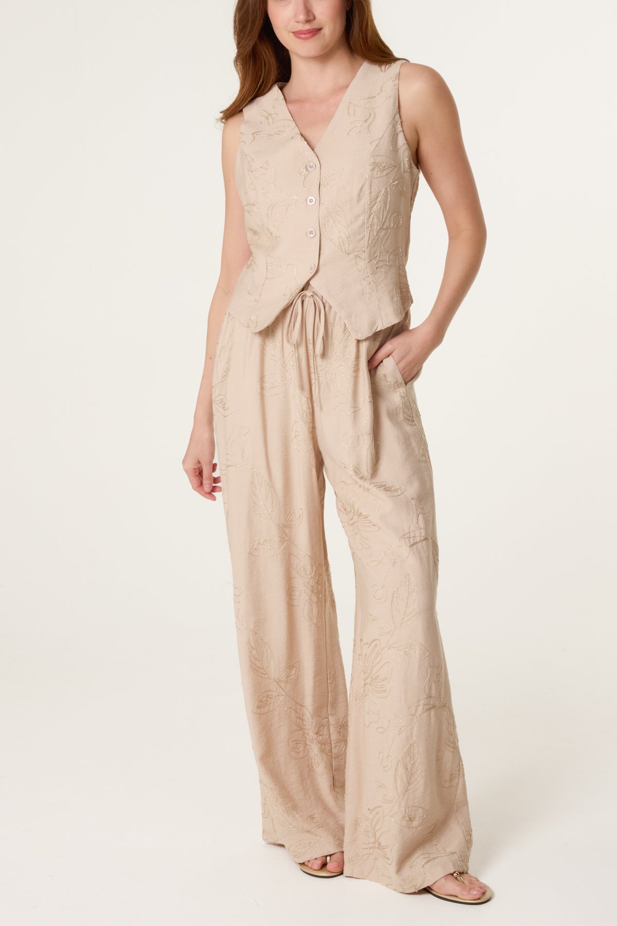 Sparkle Flower Embroidery Vest & Trouser Set