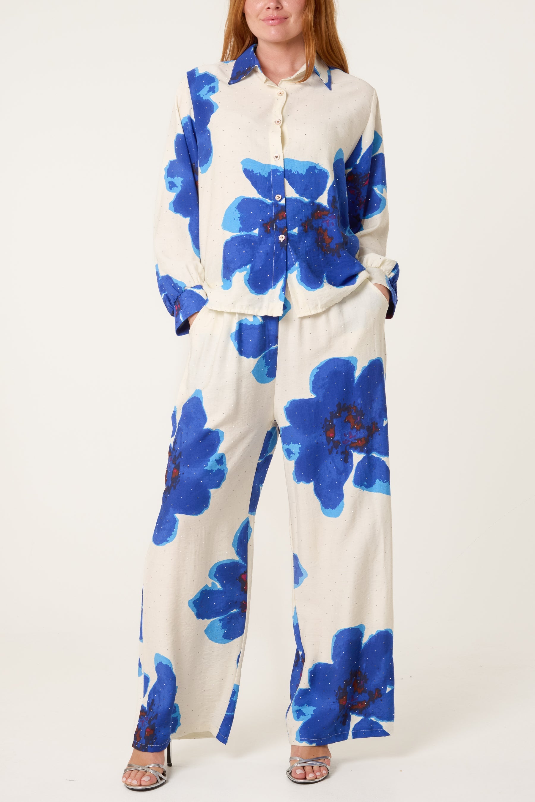 Floral Print Embellished Shirt & Trousers Set