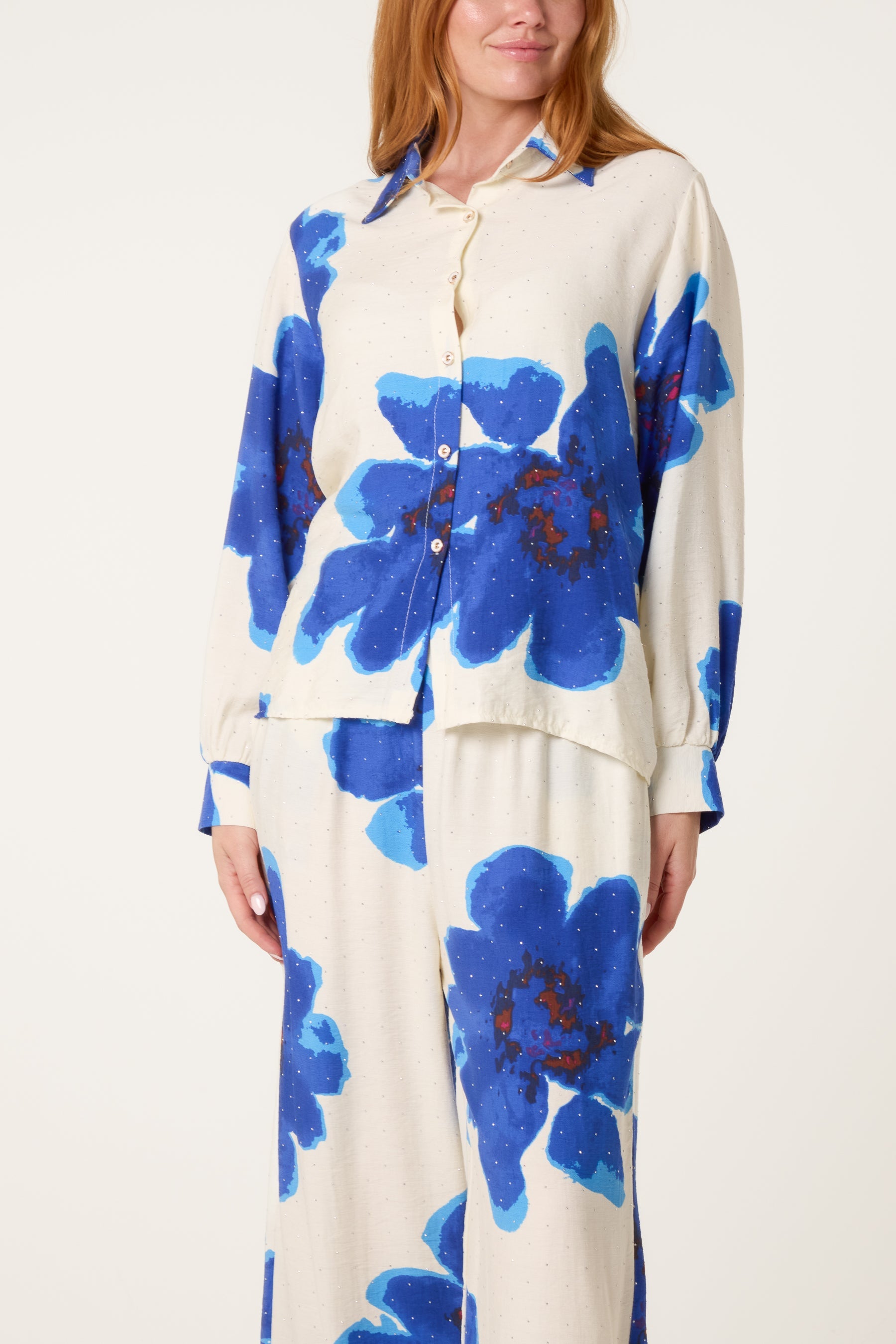Floral Print Embellished Shirt & Trousers Set
