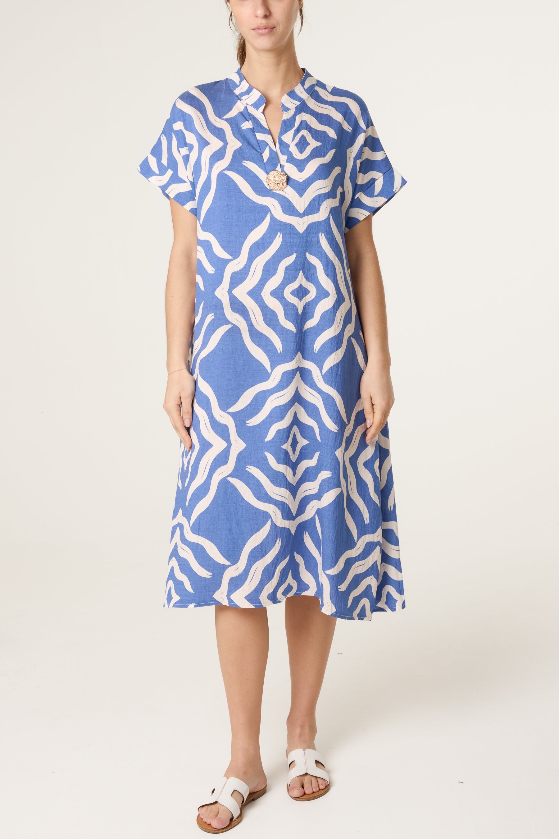 Abstract Gold Button Tunic Dress