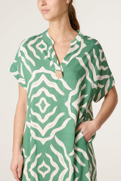 Abstract Gold Button Tunic Dress