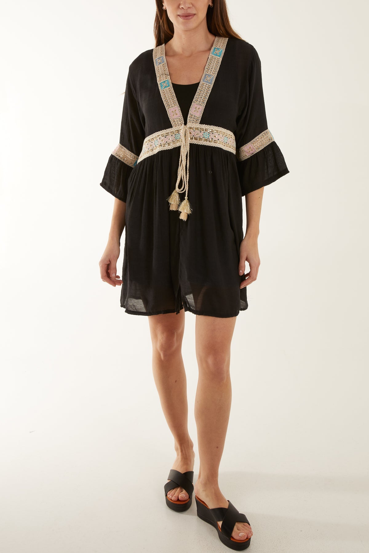 Embroidery & Tassel Cotton Tie Kimono
