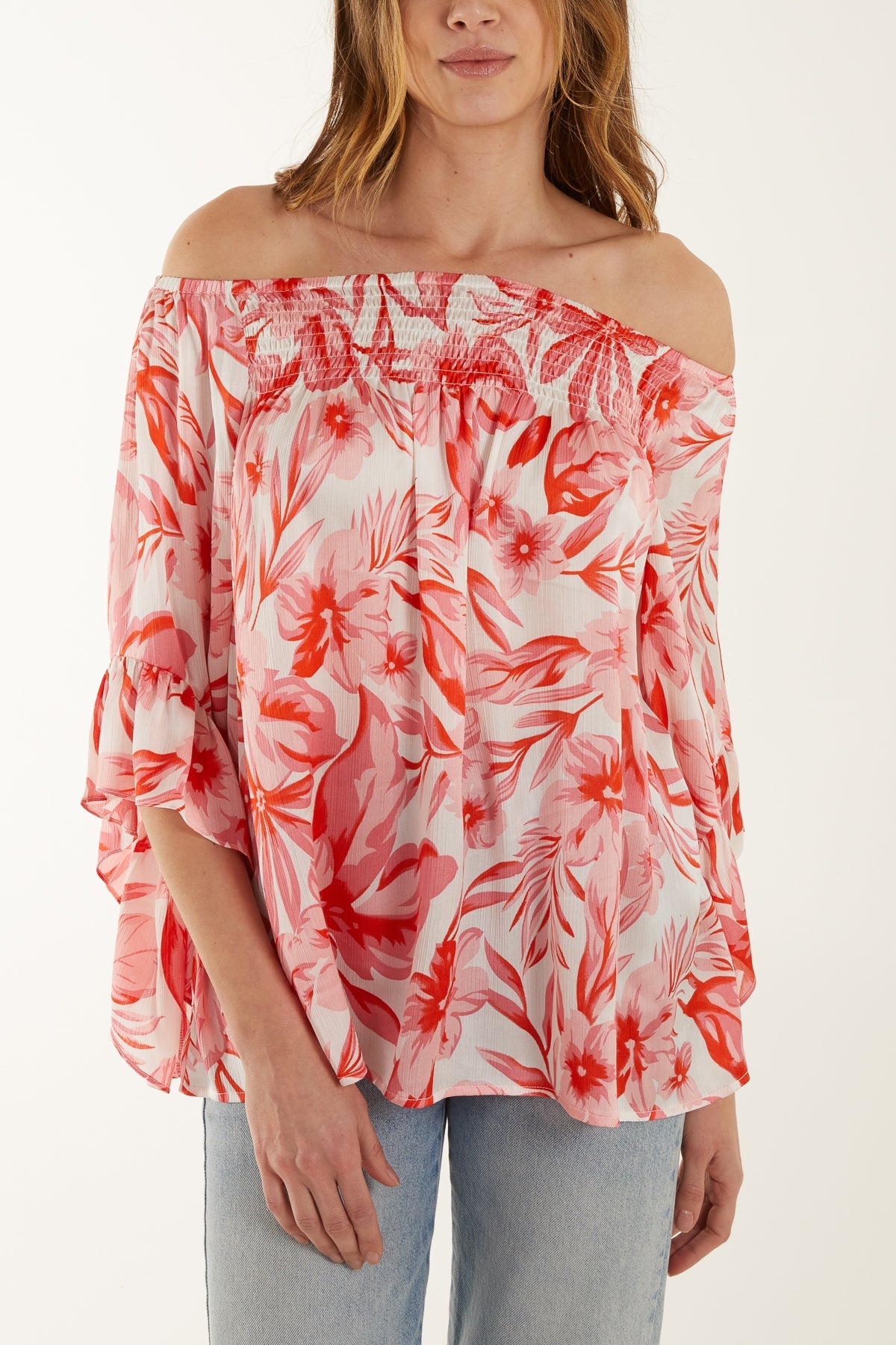 Shirred Bardot Printed Top
