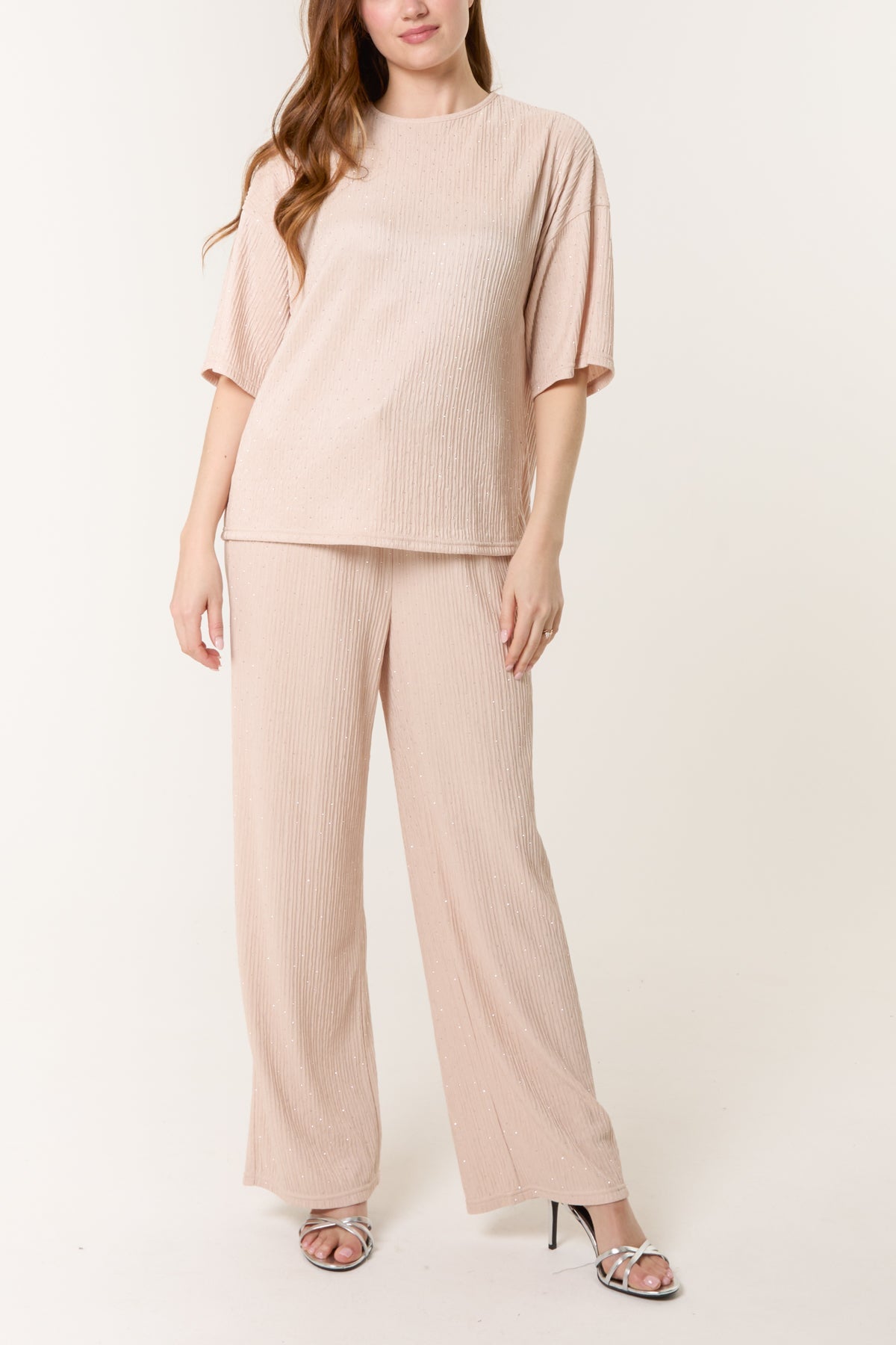 Diamante Textured T-Shirt & Wide Leg Trouser Set