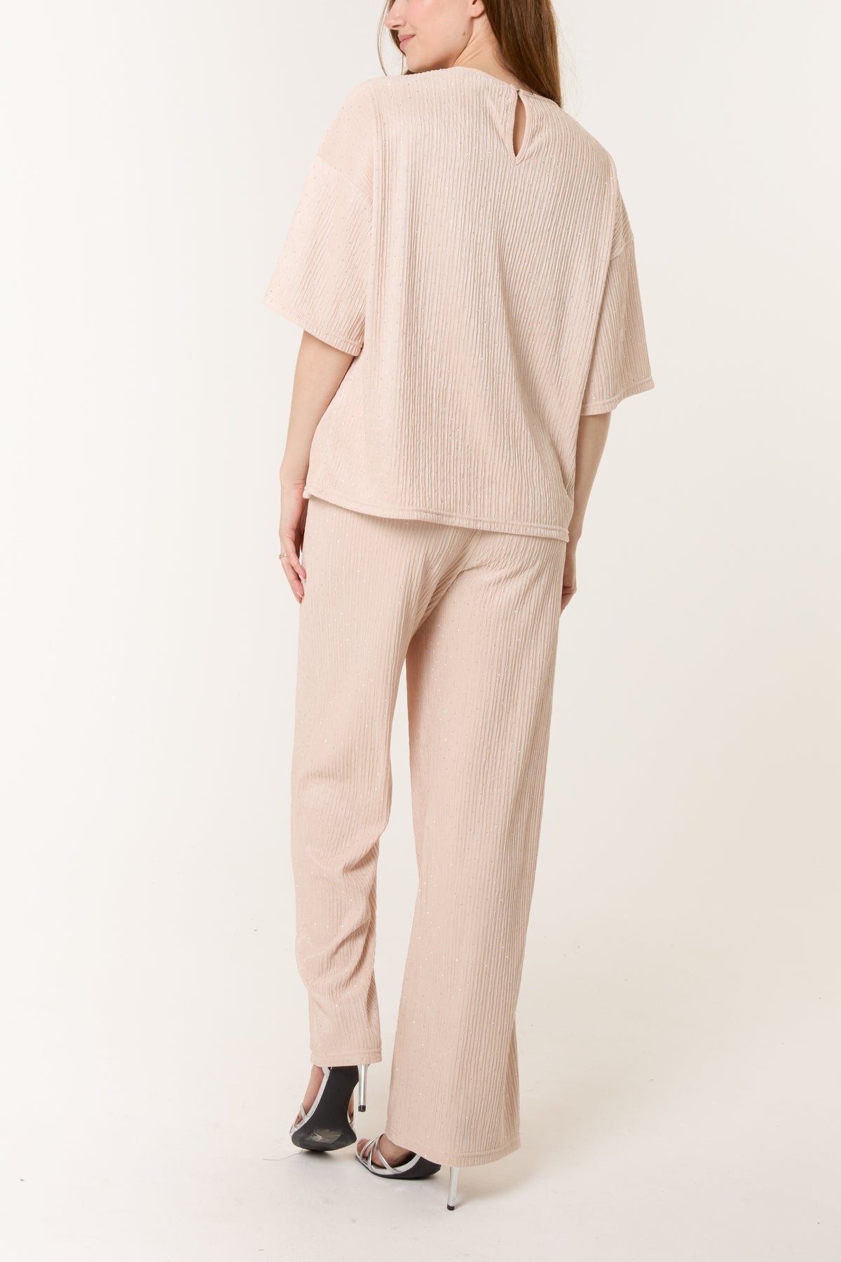 Diamante Textured T-Shirt & Wide Leg Trouser Set