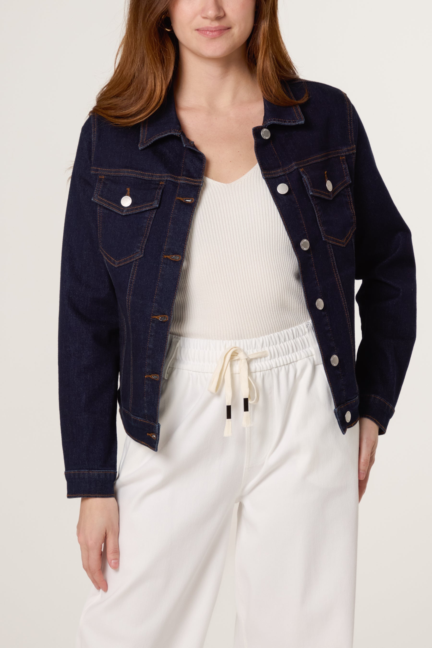 Boxy Contrast Stitch Stretch Denim Jacket