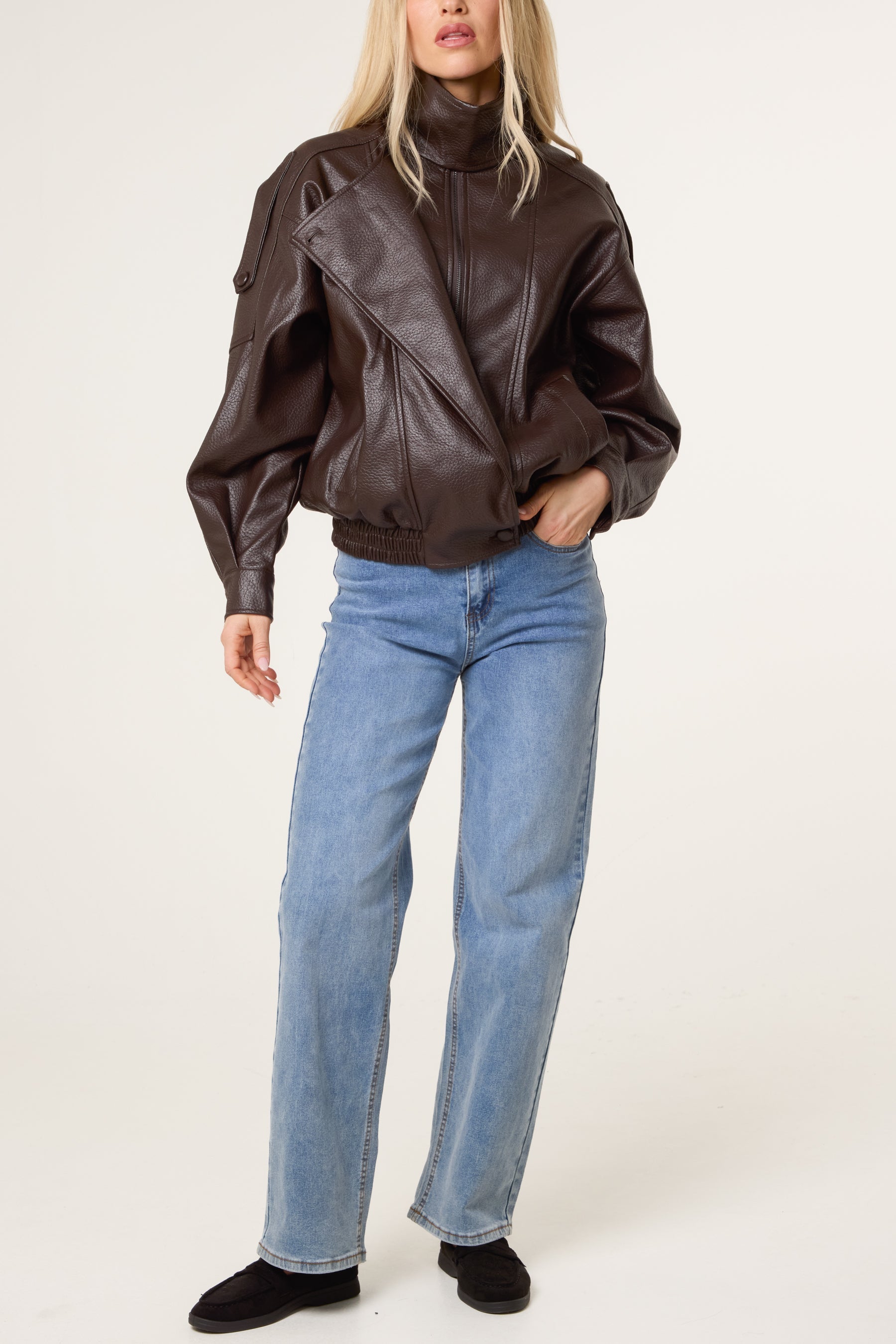 High Collar Faux Leather Jacket