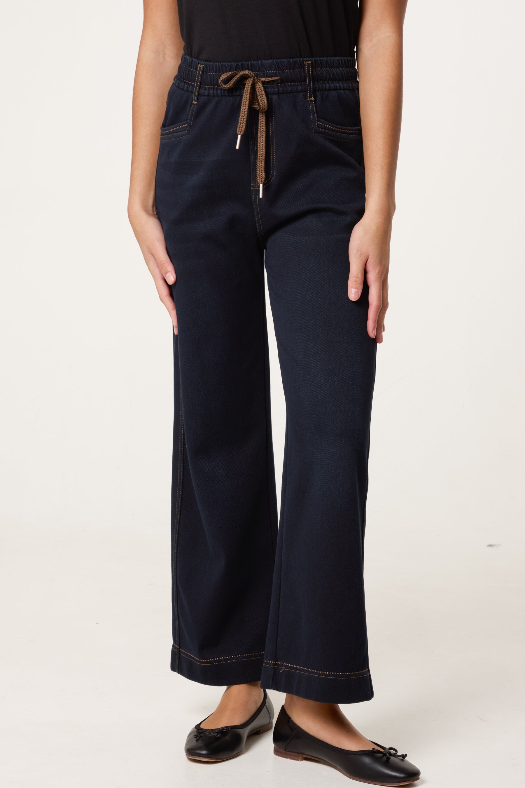 String Elastic Waist Wide Leg Jeans