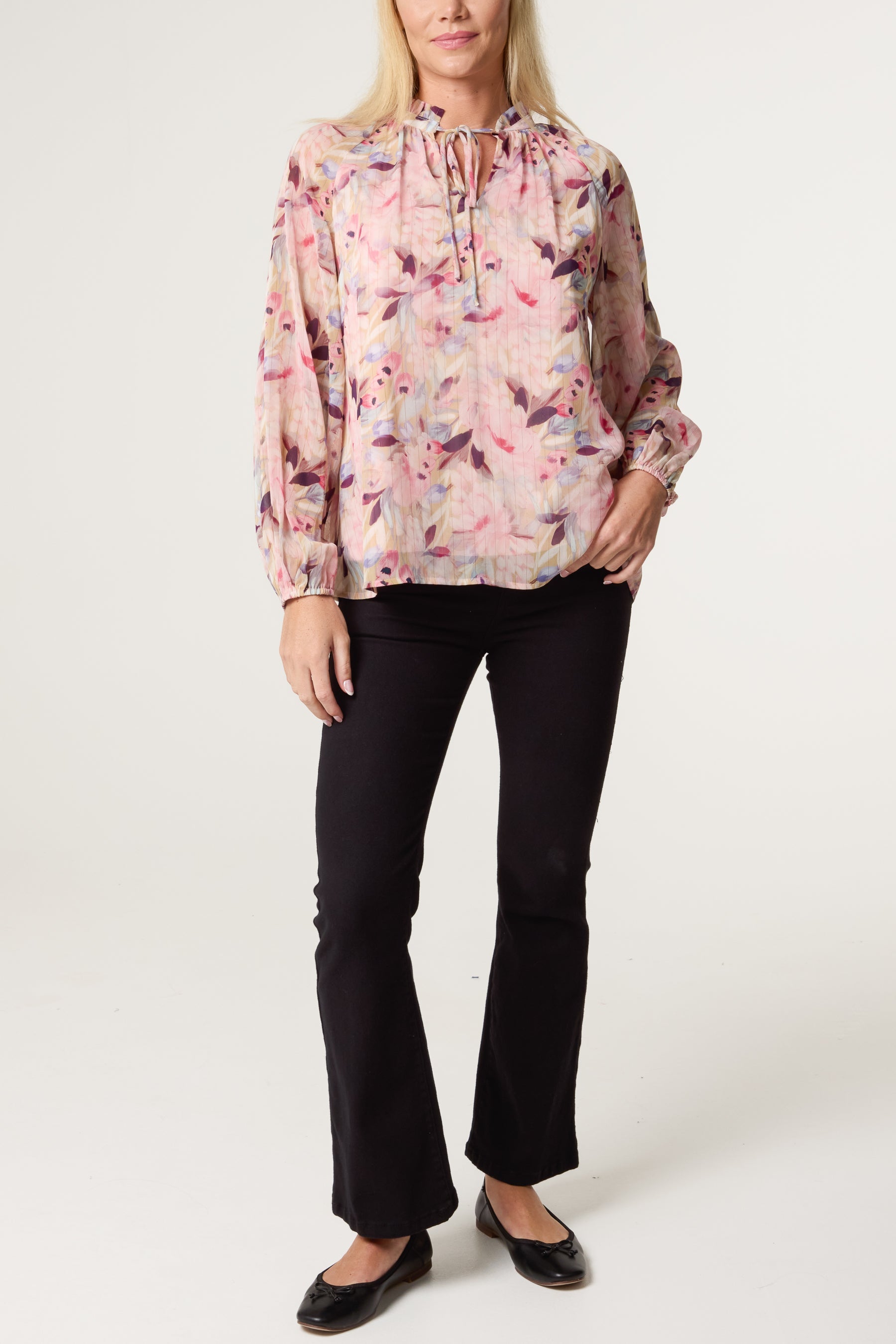 Petal Print Tie Front Blouse