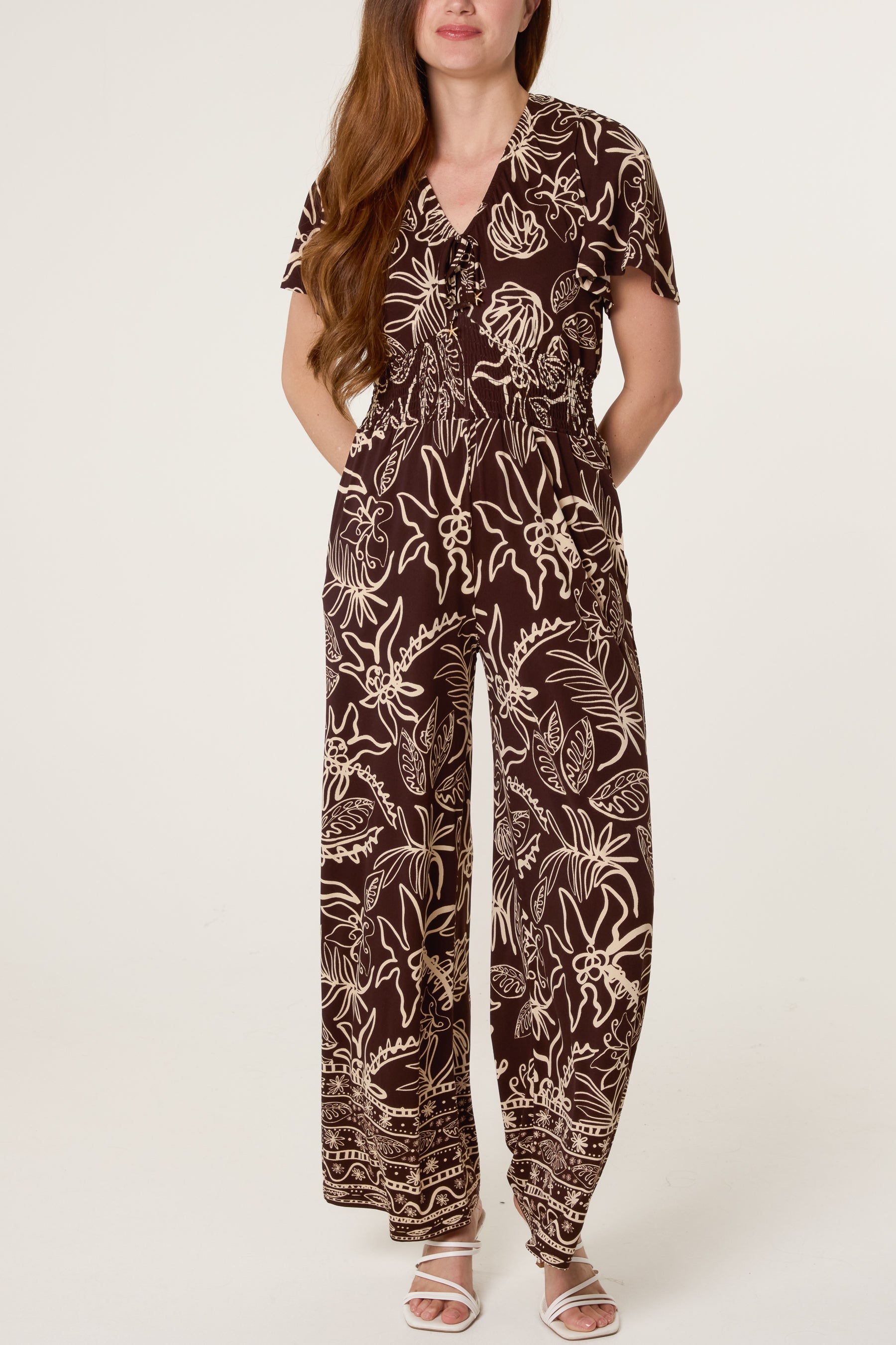 V-Neck Doodle Leaf Jumpsuit