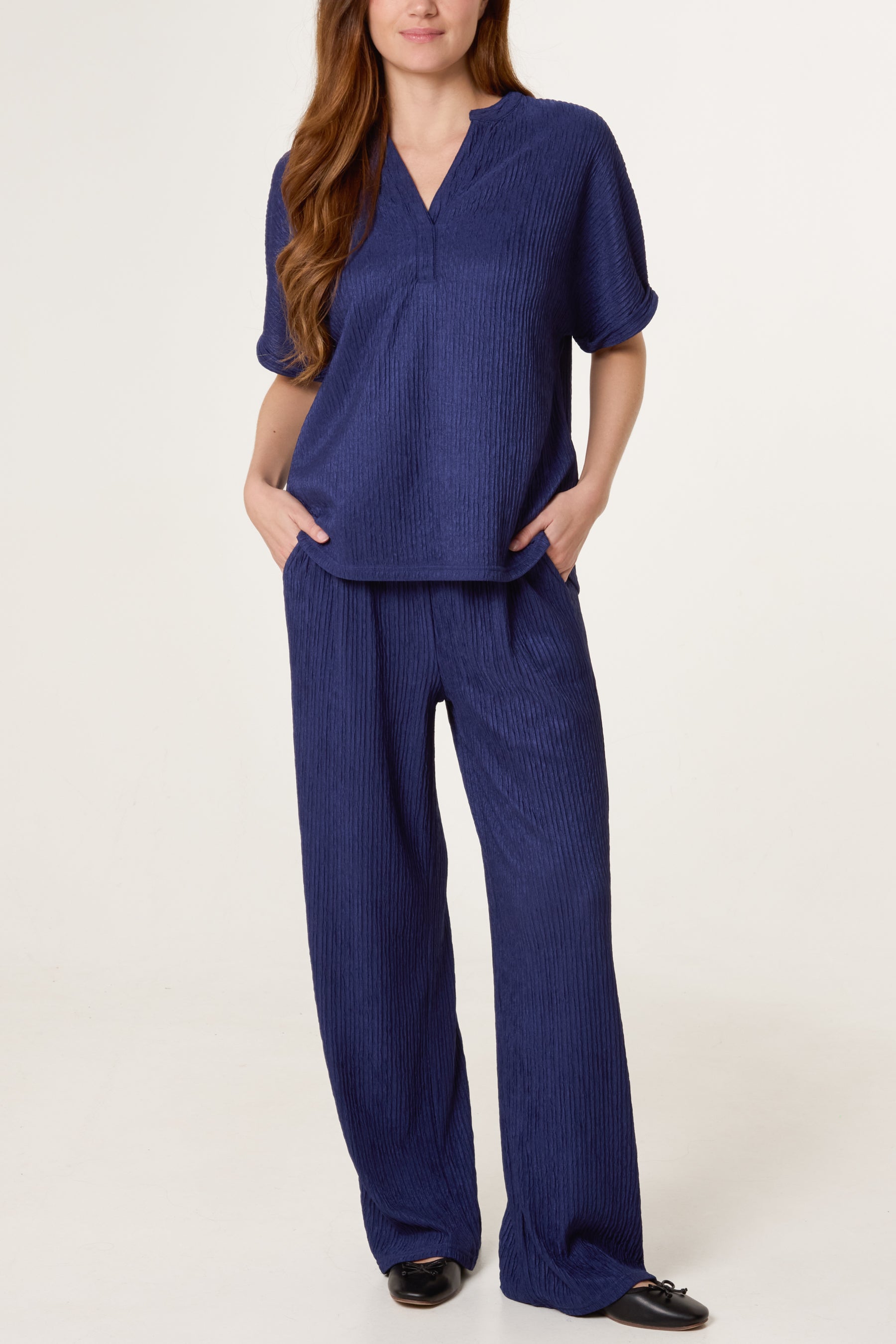 Crinkle Open Collar & Trousers Set