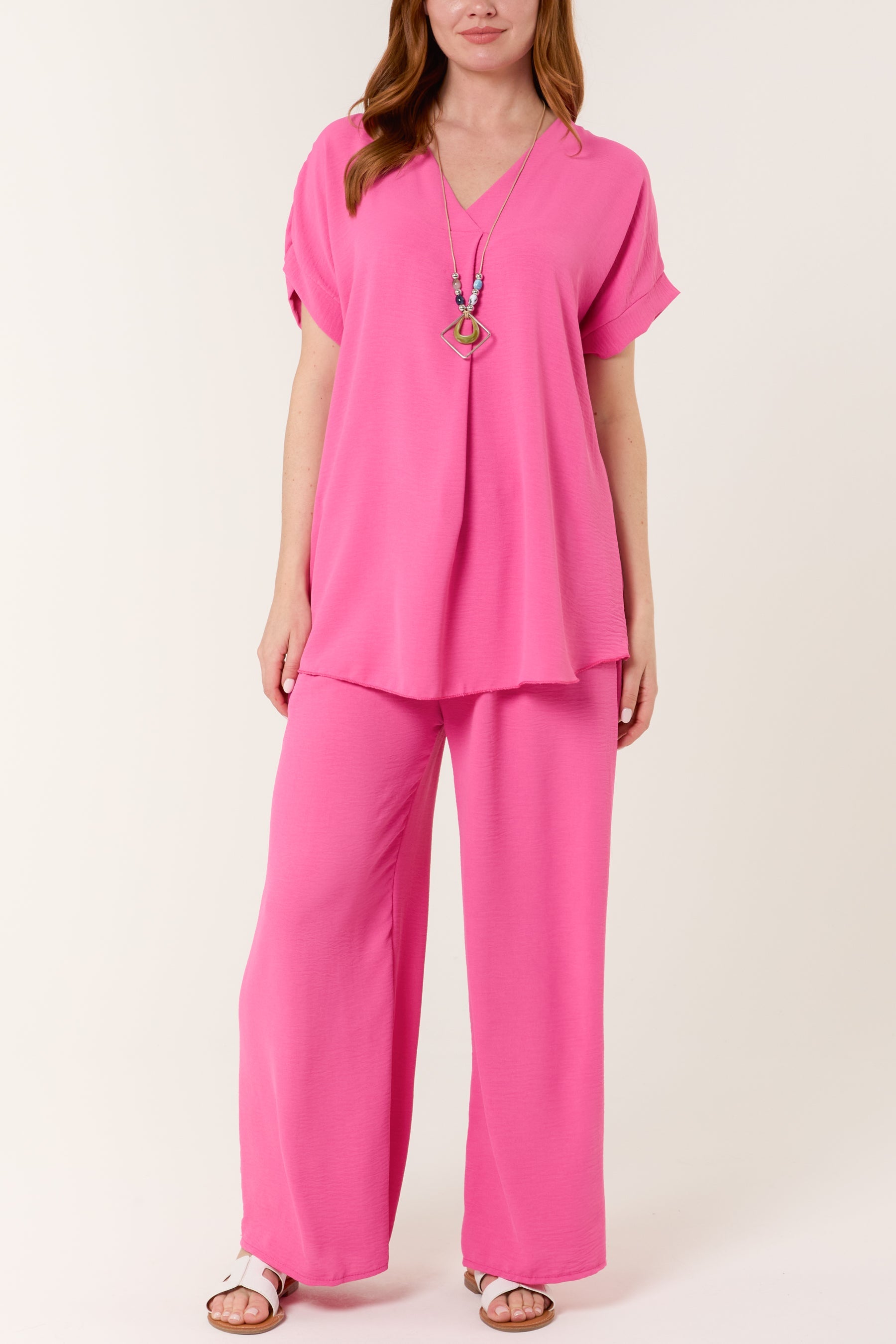Necklace V-Neck Wide Leg Trousers Set