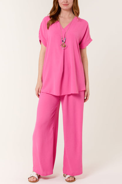 Necklace V-Neck Wide Leg Trousers Set