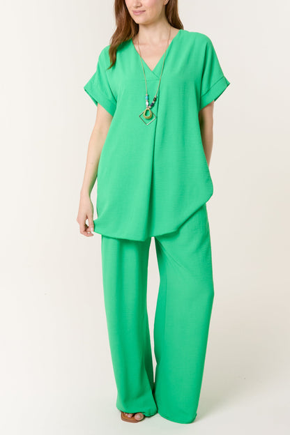 Necklace V-Neck Wide Leg Trousers Set