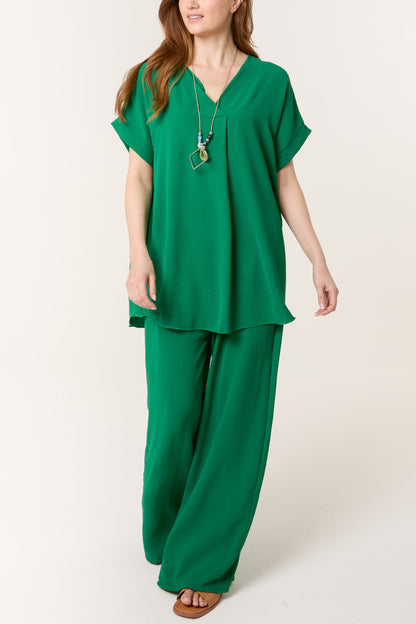 Necklace V-Neck Wide Leg Trousers Set