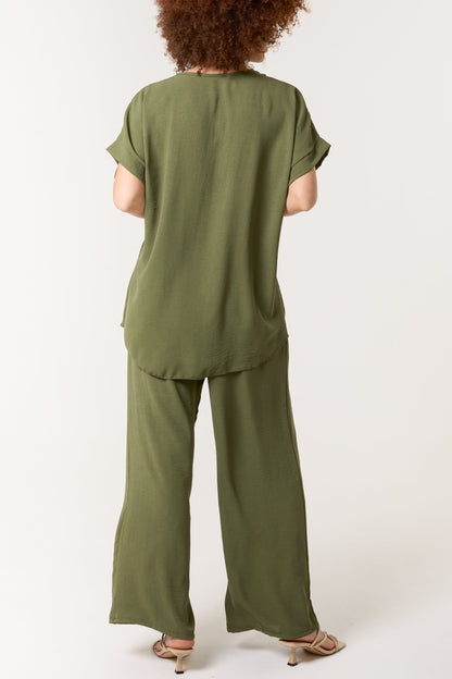 Necklace V-Neck Wide Leg Trousers Set