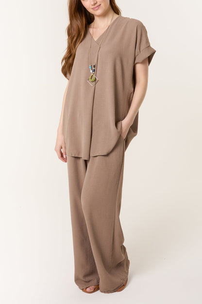 Necklace V-Neck Wide Leg Trousers Set