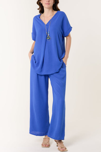 Necklace V-Neck Wide Leg Trousers Set