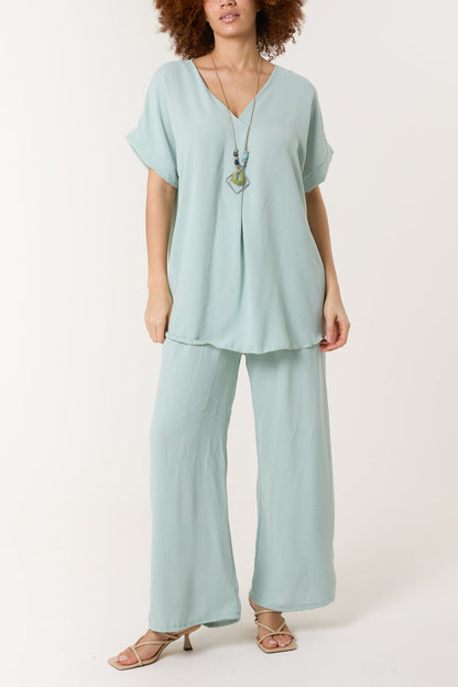Necklace V-Neck Wide Leg Trousers Set