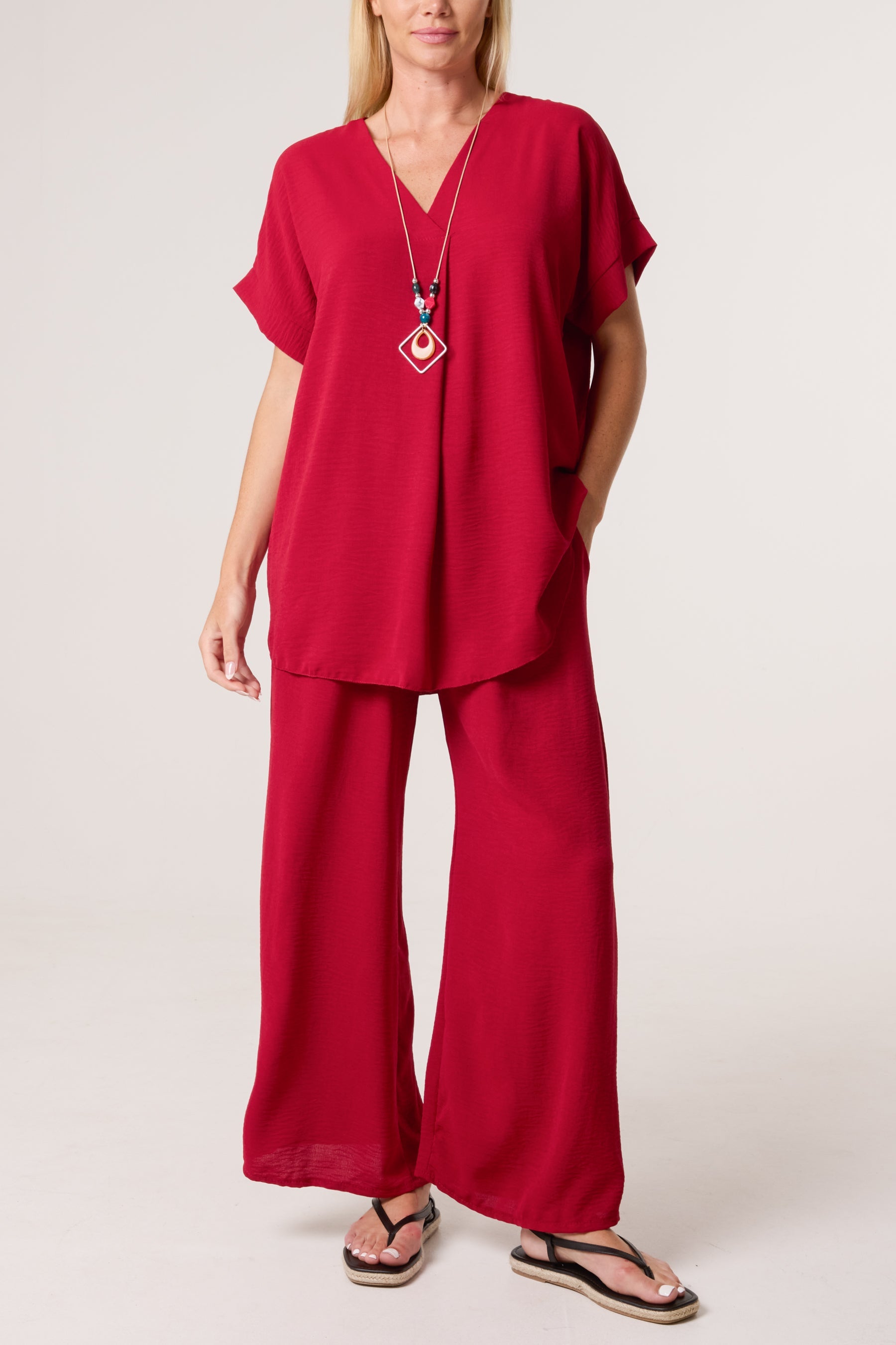 Necklace V-Neck Wide Leg Trousers Set