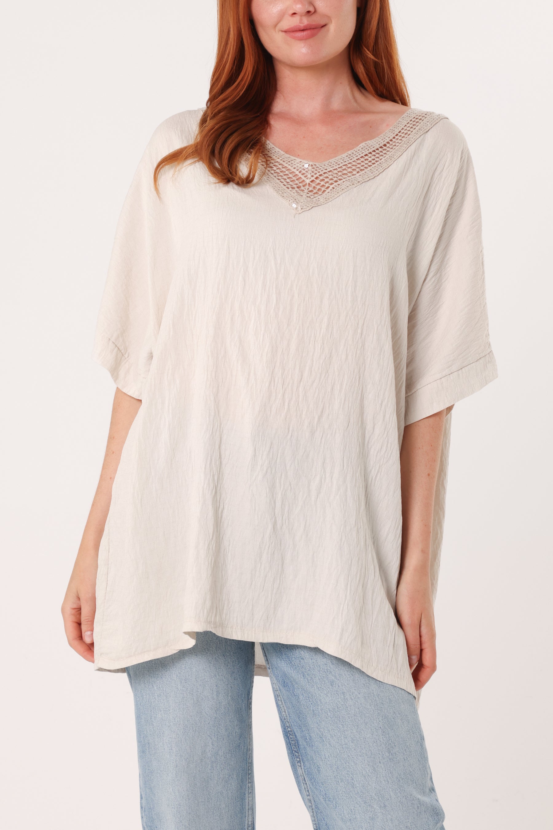 V-Neck Sequins Trim Short Sleeve Top
