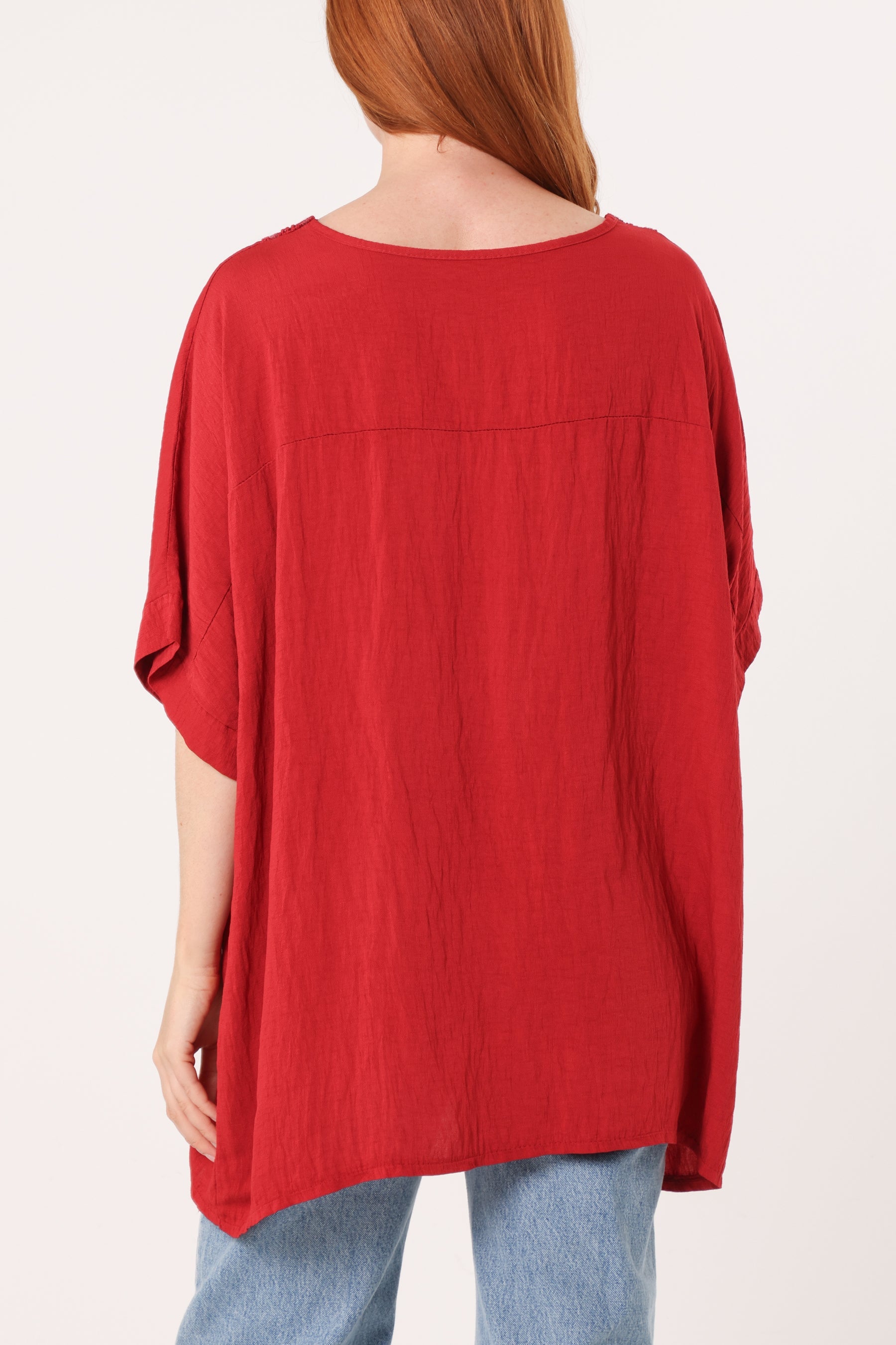 V-Neck Sequins Trim Short Sleeve Top