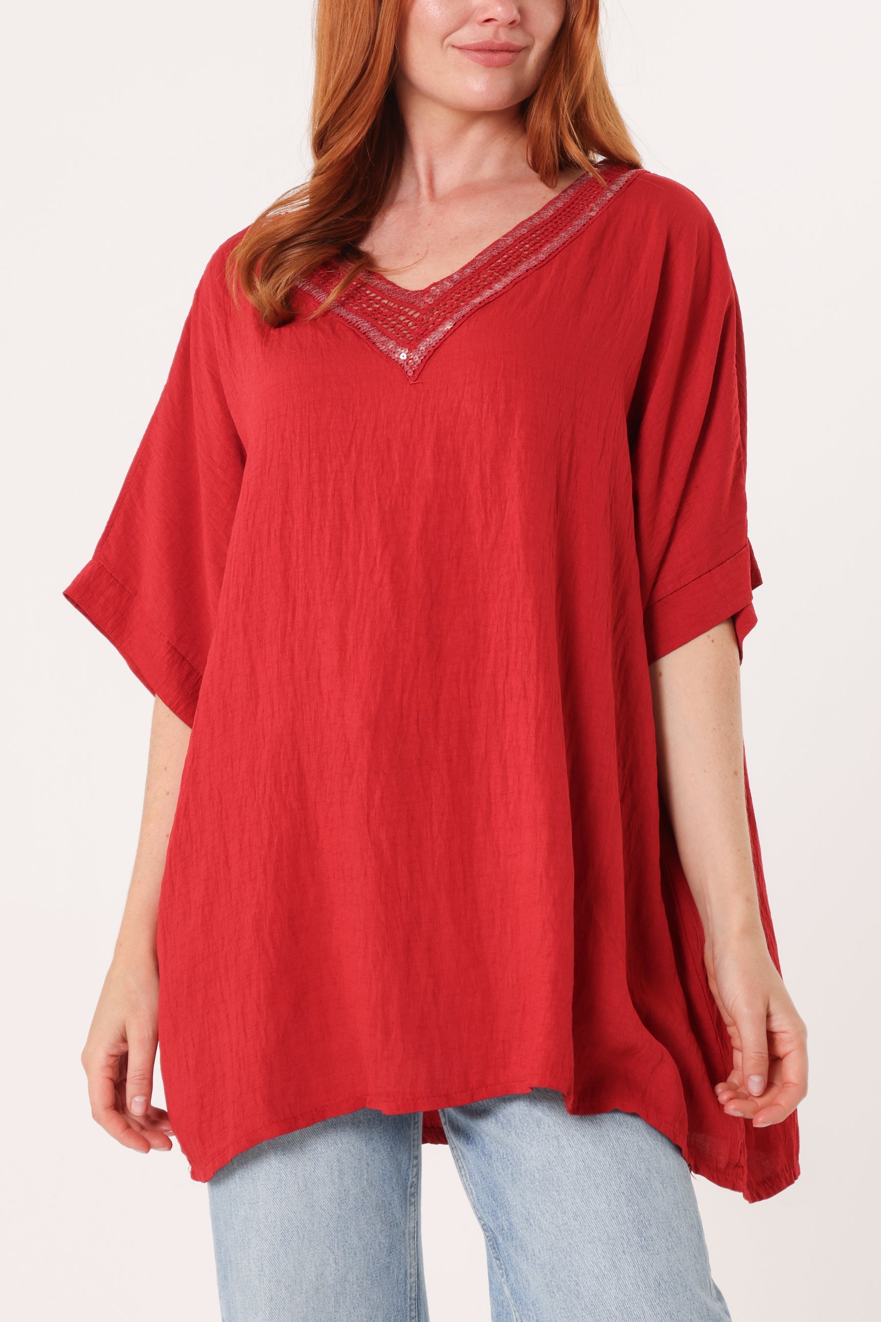 V-Neck Sequins Trim Short Sleeve Top