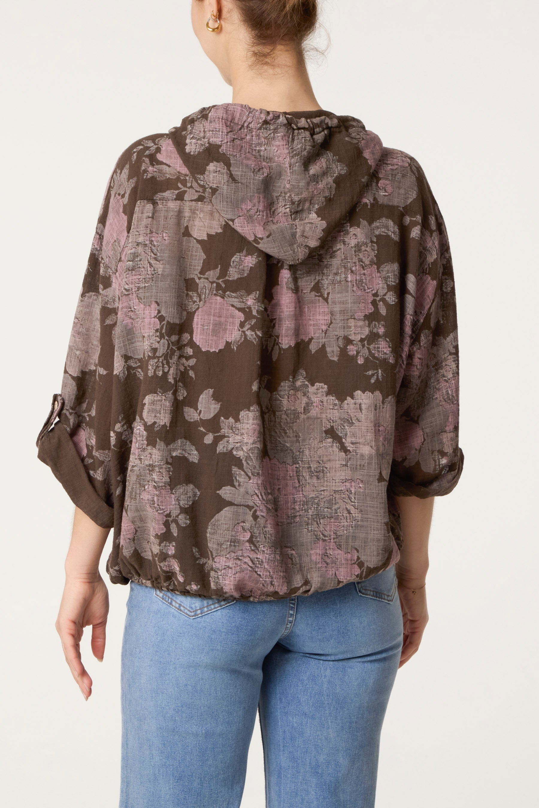 Roses Print Cotton Hooded Top