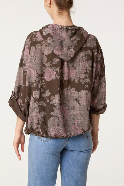 Roses Print Cotton Hooded Top