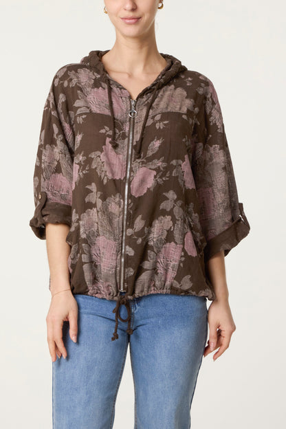 Roses Print Cotton Hooded Top
