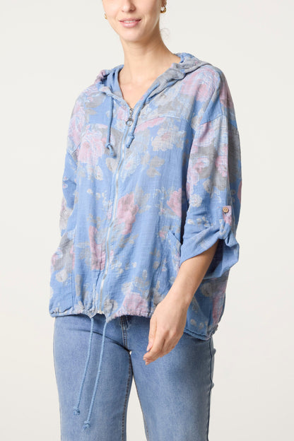 Roses Print Cotton Hooded Top