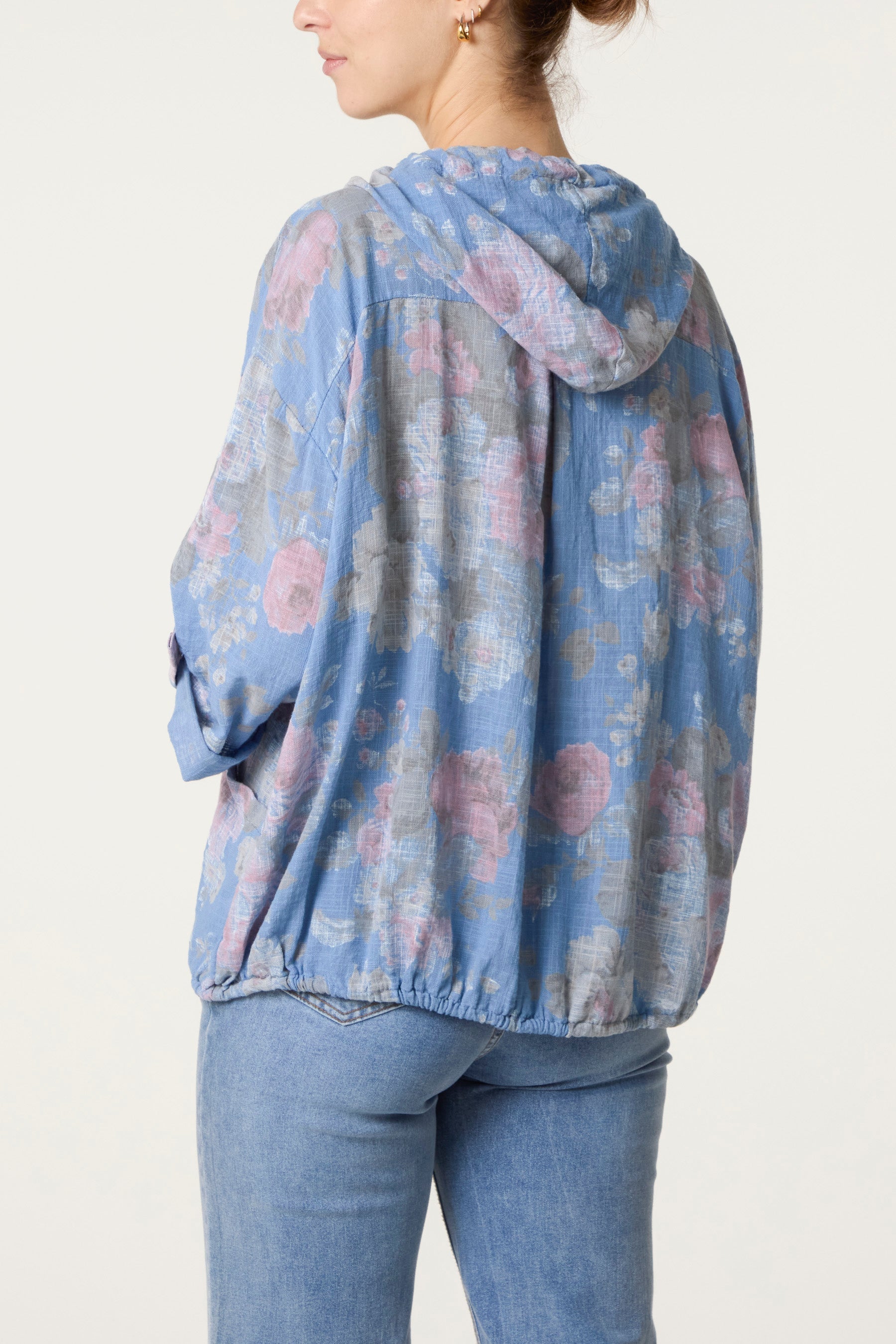 Roses Print Cotton Hooded Top