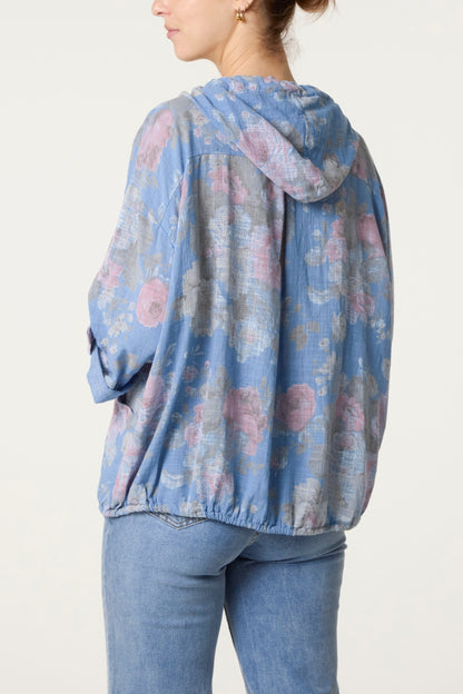 Roses Print Cotton Hooded Top