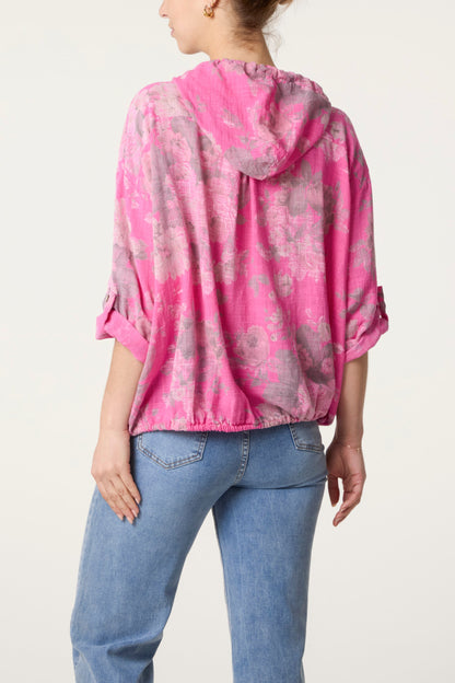 Roses Print Cotton Hooded Top