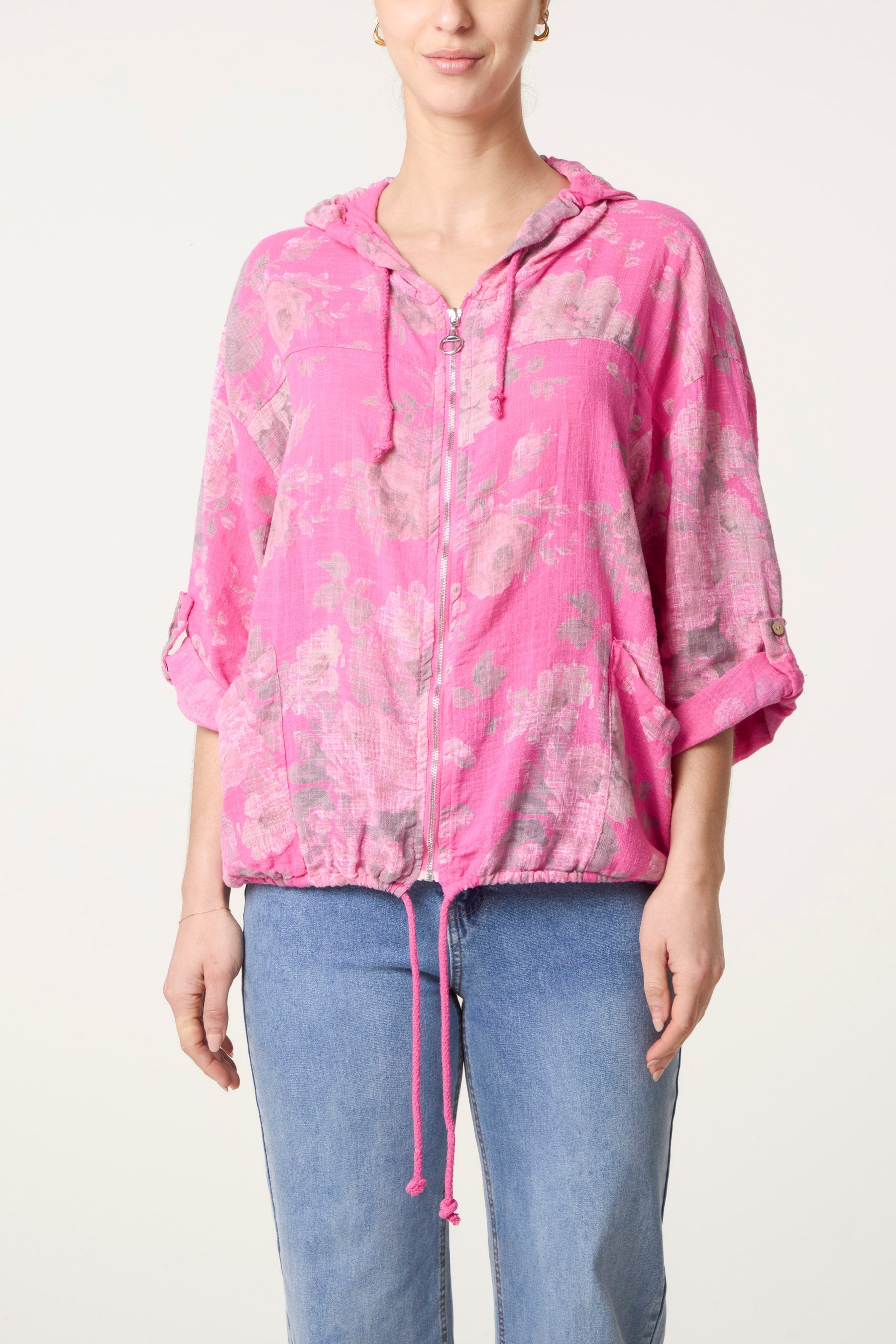 Roses Print Cotton Hooded Top