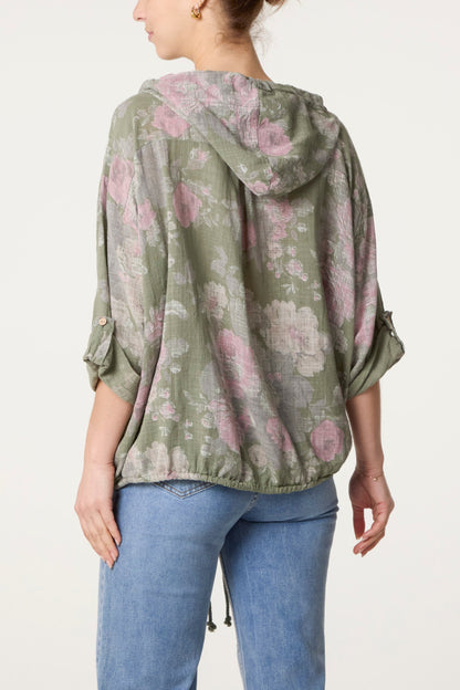 Roses Print Cotton Hooded Top