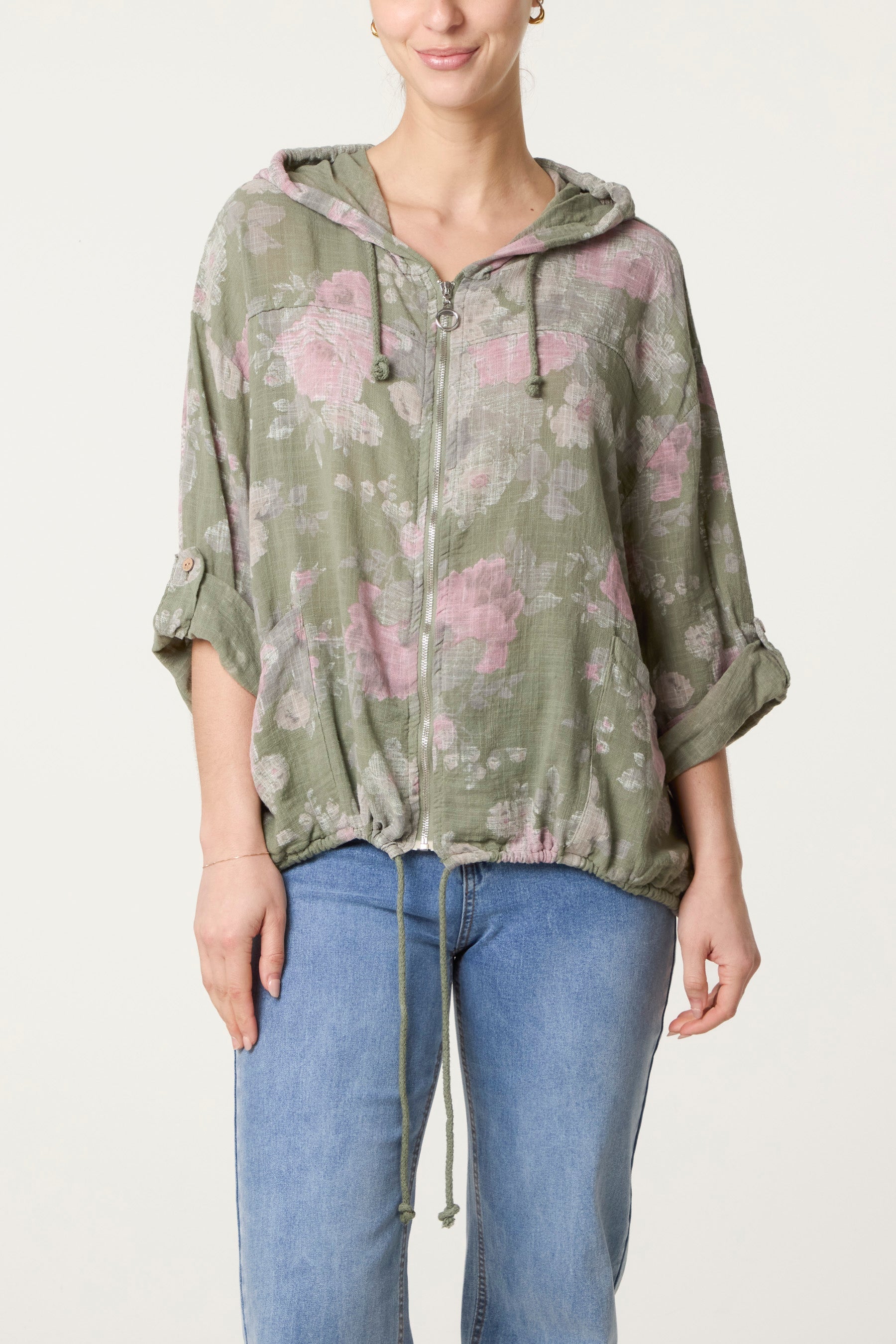 Roses Print Cotton Hooded Top