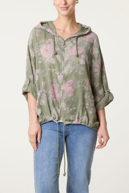 Roses Print Cotton Hooded Top