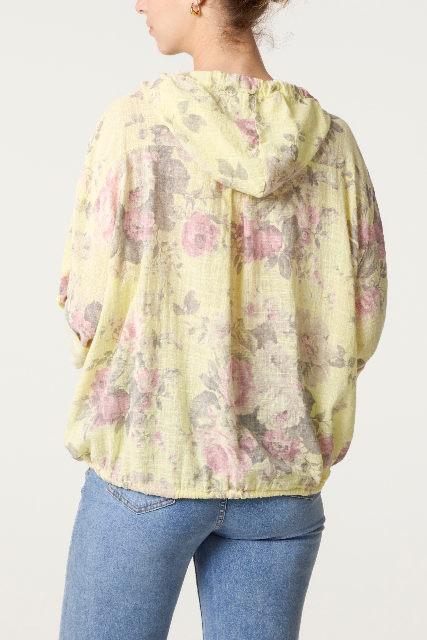 Roses Print Cotton Hooded Top