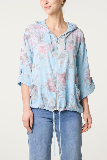 Roses Print Cotton Hooded Top