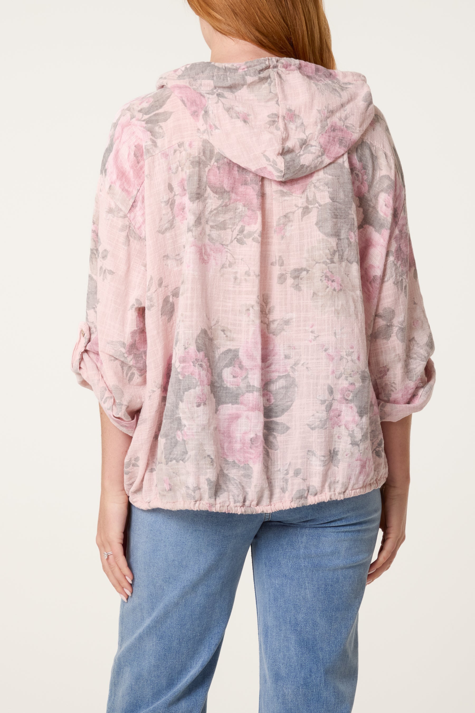 Roses Print Cotton Hooded Top