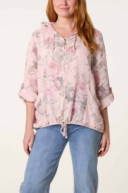 Roses Print Cotton Hooded Top