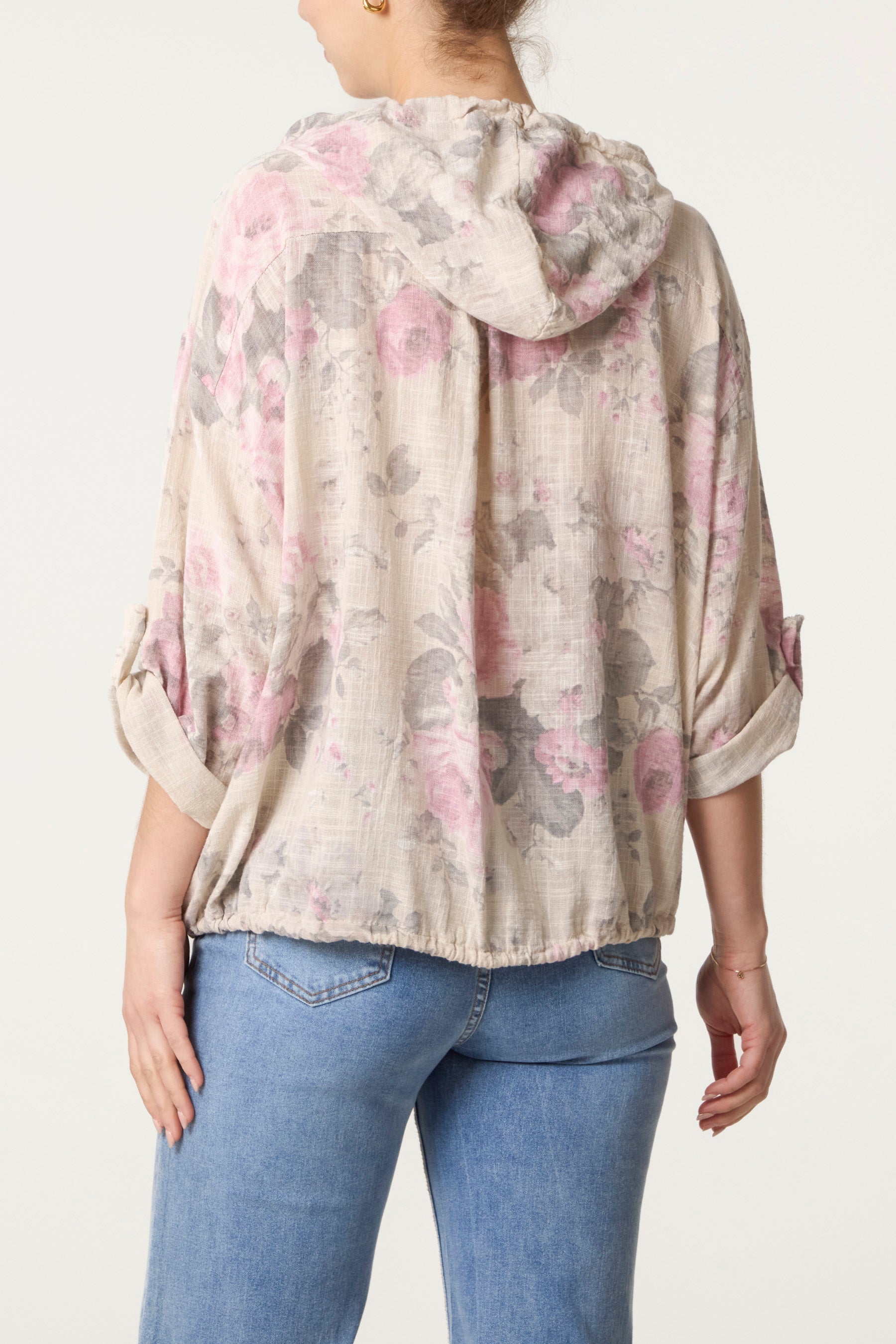 Roses Print Cotton Hooded Top