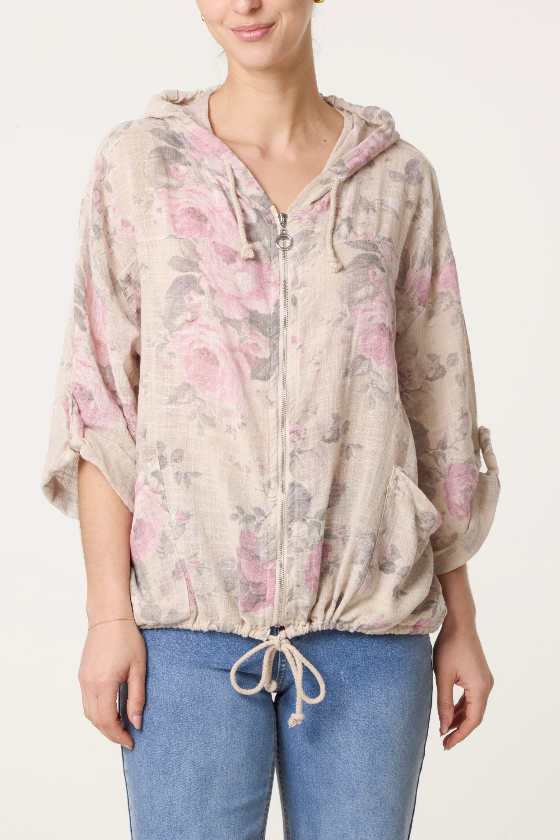 Roses Print Cotton Hooded Top