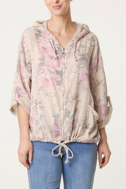 Roses Print Cotton Hooded Top