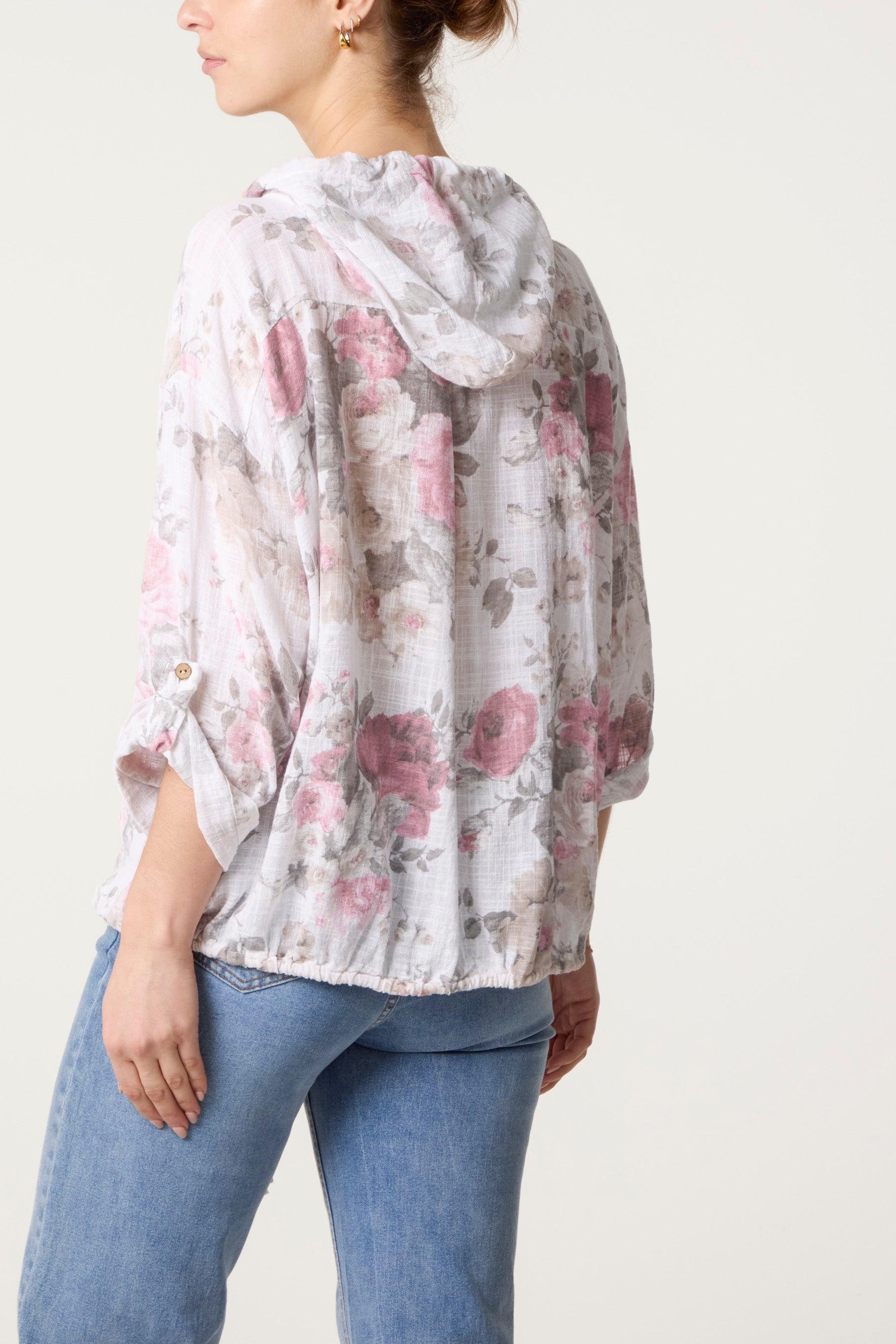 Roses Print Cotton Hooded Top