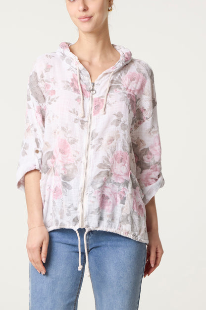 Roses Print Cotton Hooded Top